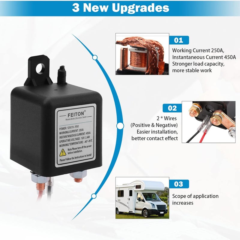 FEITON 250A Remote Battery Disconnect Switch 12V Upgraded Battery Kill Switch for Car RV Truck Camper Dual Remote Control Anti-Theft Battery Shut Off Switch Prevent Battery Drain (450A Starting Current) - Image 2